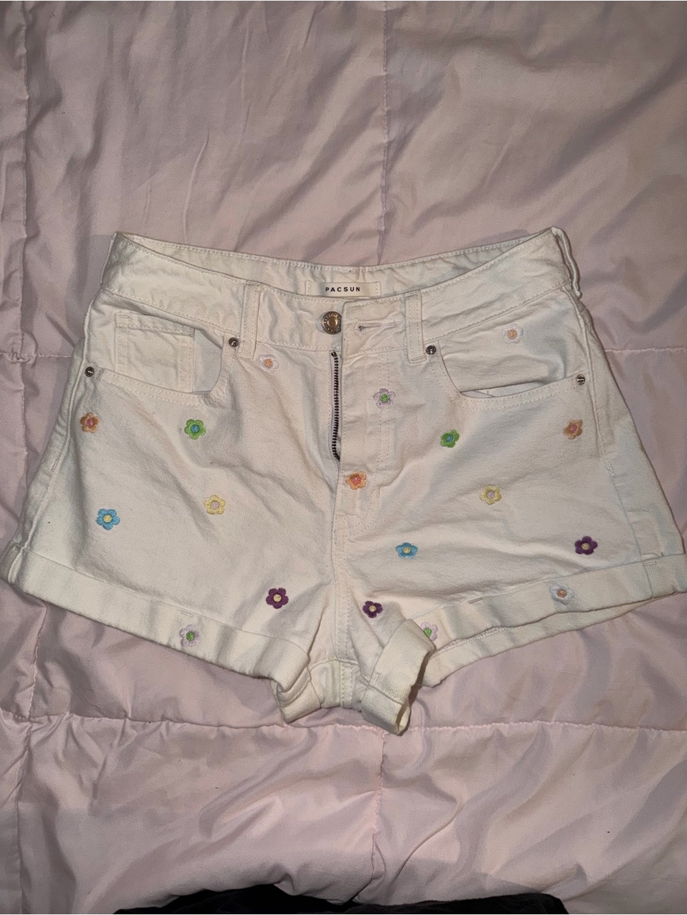 PacSun White Denim Shorts with Multicolor Floral Embroidery